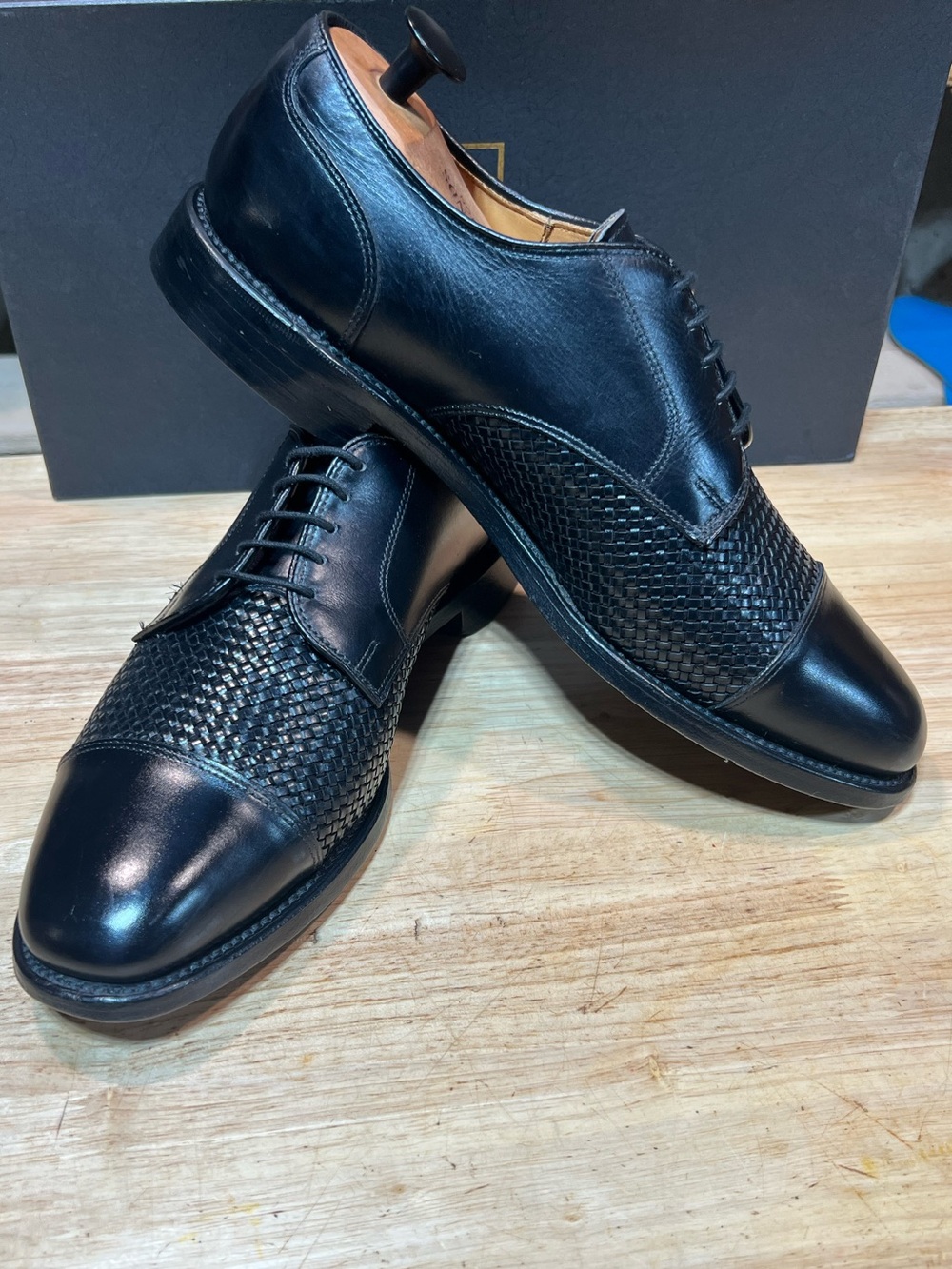 Allen Edmonds Lauderdale Black Woven Leather Cap Toe Derby Men's Size 9D 🇺🇸